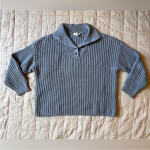 Blue Quarter Button V Neck Chunky Knit Sweater Fisherman Nautical Preppy - Med
